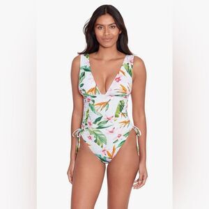Ralph Lauren Watercolor Tropical Floral Shirred Plunge One Piece Swimsuit